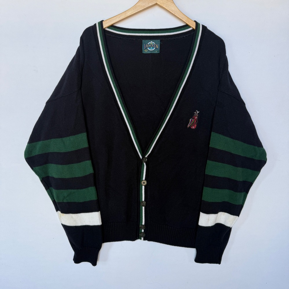 Vtg Knit Jantzen‎ Cardigan Sweater  Stripe Green Blue Golf Embroidered Made USA